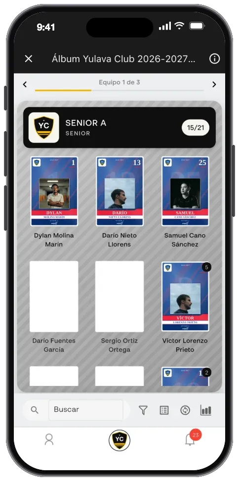 Cromos de jugadors de l'àlbum digital d'un club a Yulava Connect