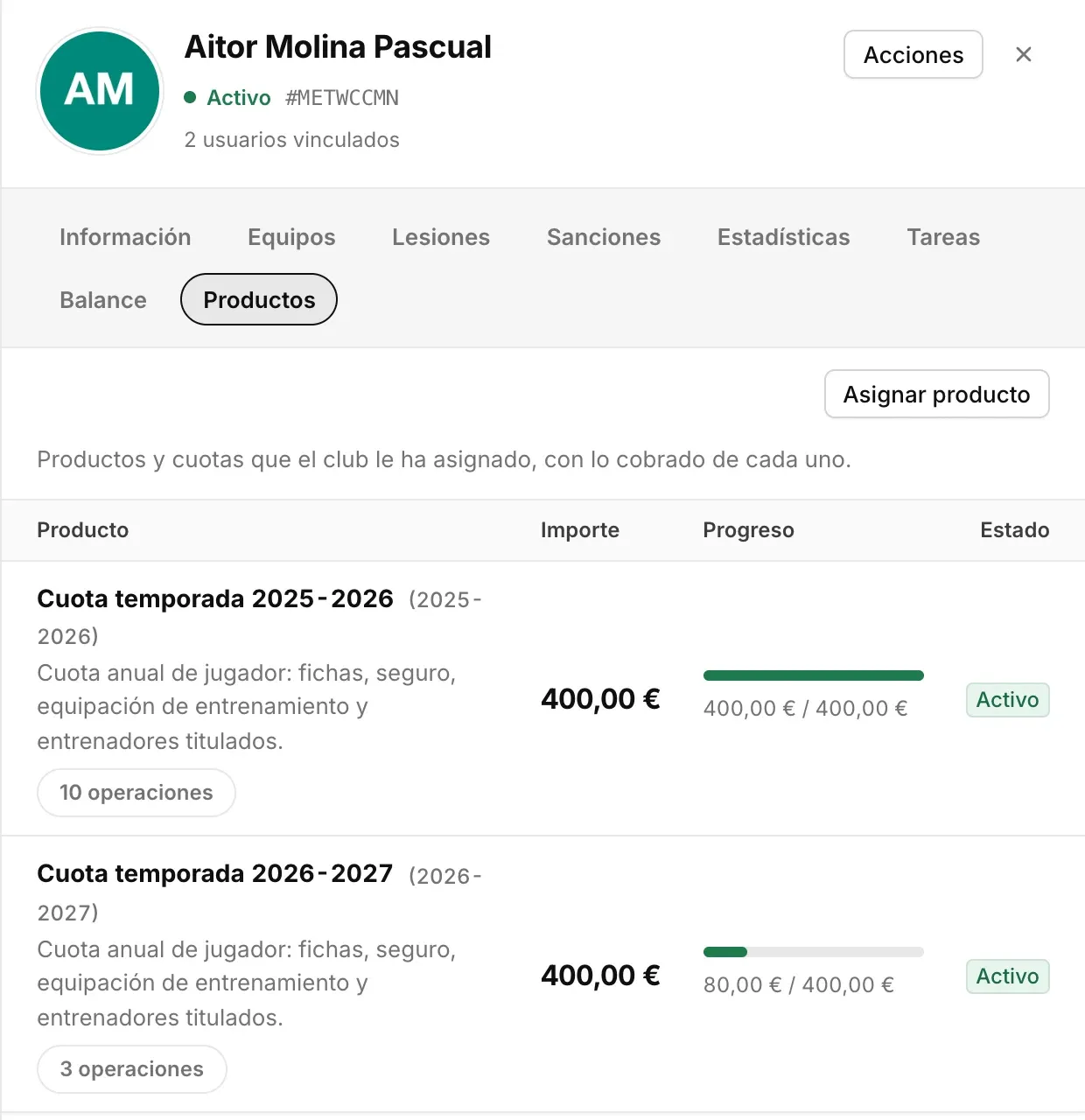 Cotisations de saison attribuées à un joueur, avec le montant encaissé pour chacune