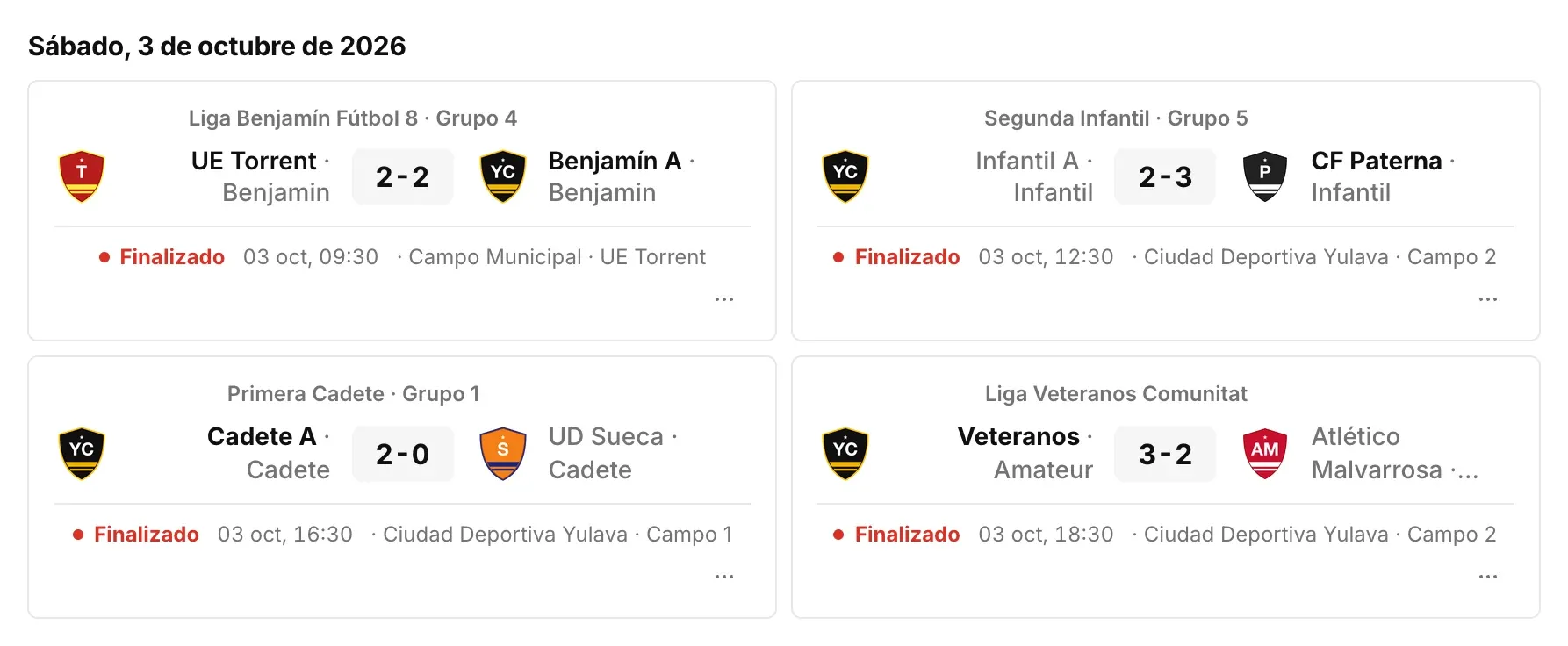 Resultats dels partits del cap de setmana amb escuts, marcador i competició